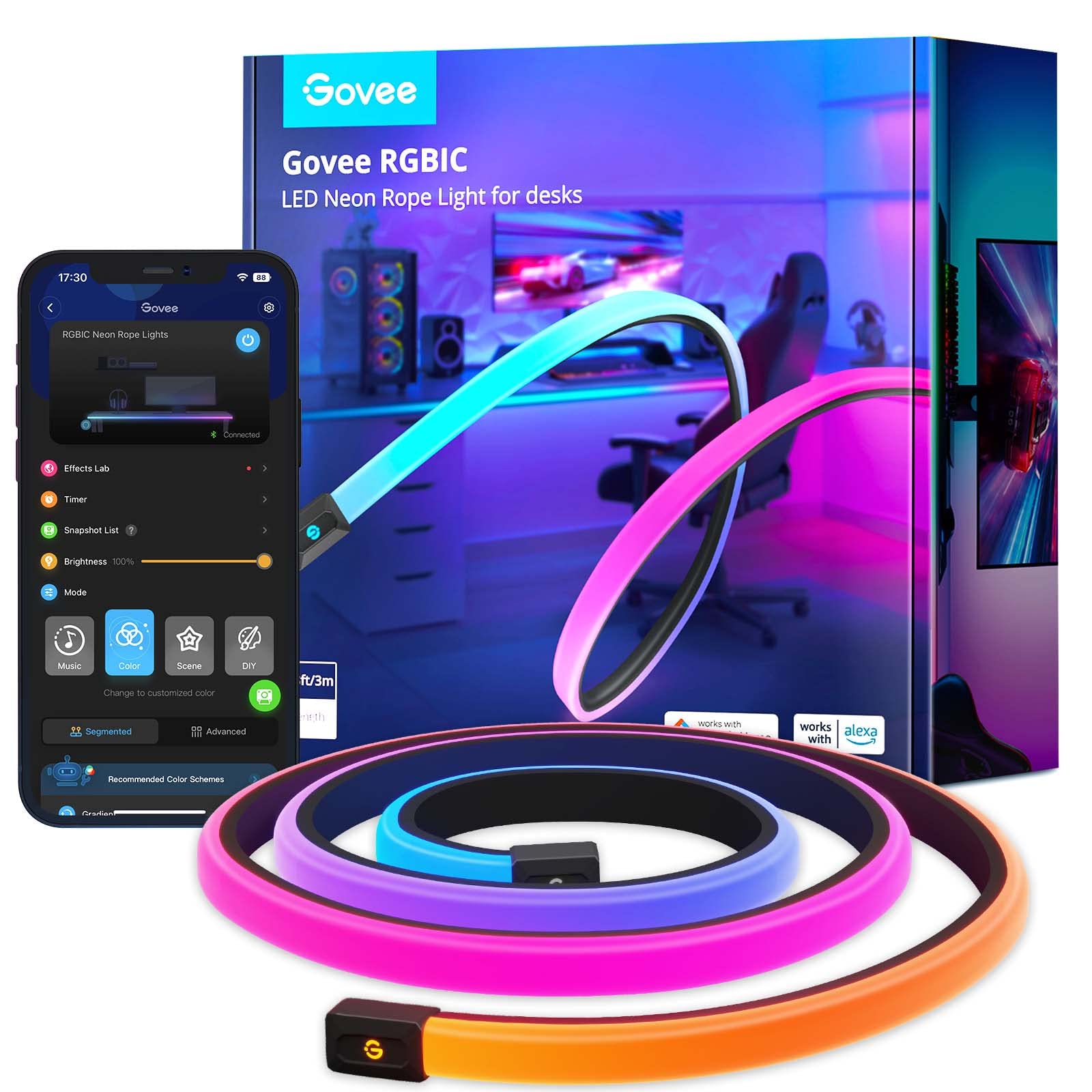 Govee RGBIC Gaming Lights 10ft Neon Rope Lights for Gamers at Desk Smart App Control Music Sync