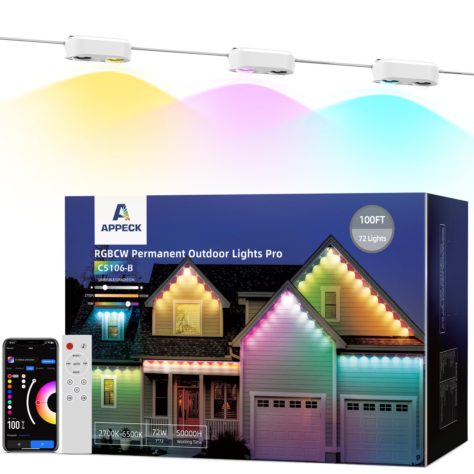 Permanent Outdoor Lights Pro 100ft, IP67 Waterproof 72 LED Smart Eaves Lights, White Scene Modes for Holiday Decoration 