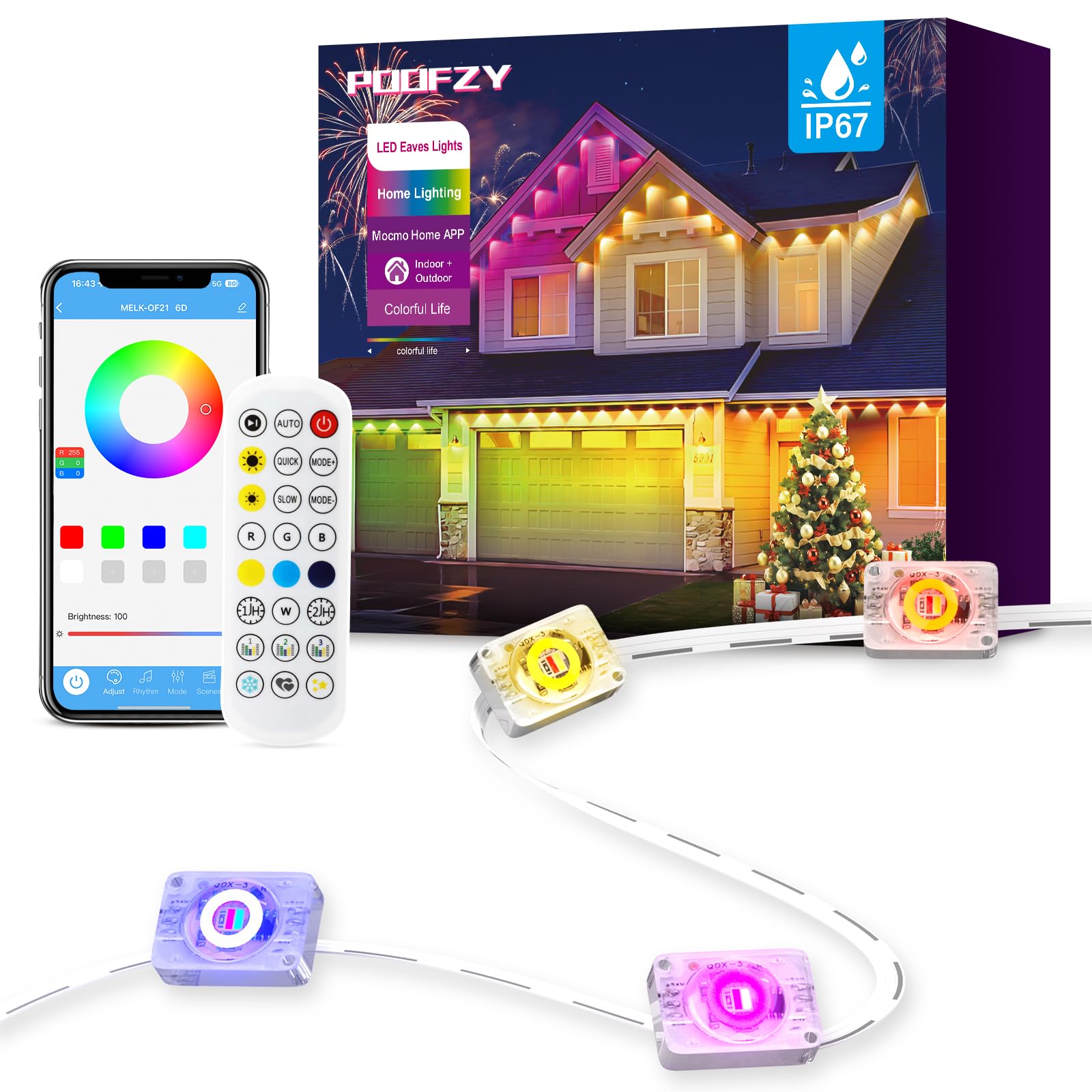 POOFZY Permanent Outdoor Lights for House, 50 Scene Modes App/Remote Control Outdoor Decor, IP68 Waterproof House Roof L