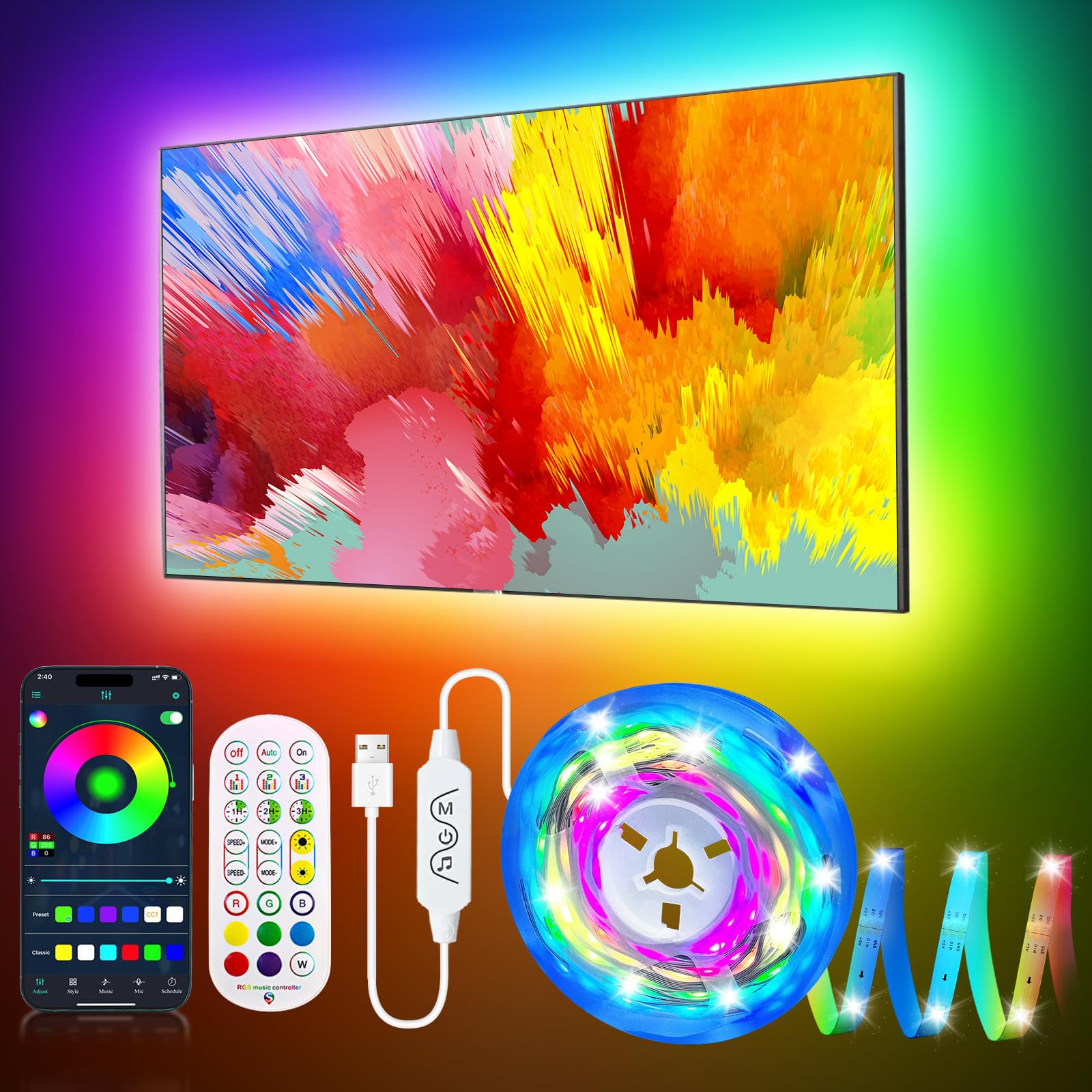 Color Changing 9.84FT LED Lights for 32-43inch TV, Music Sync, App & Remote Control, USB Powered, Home Decor and Gaming