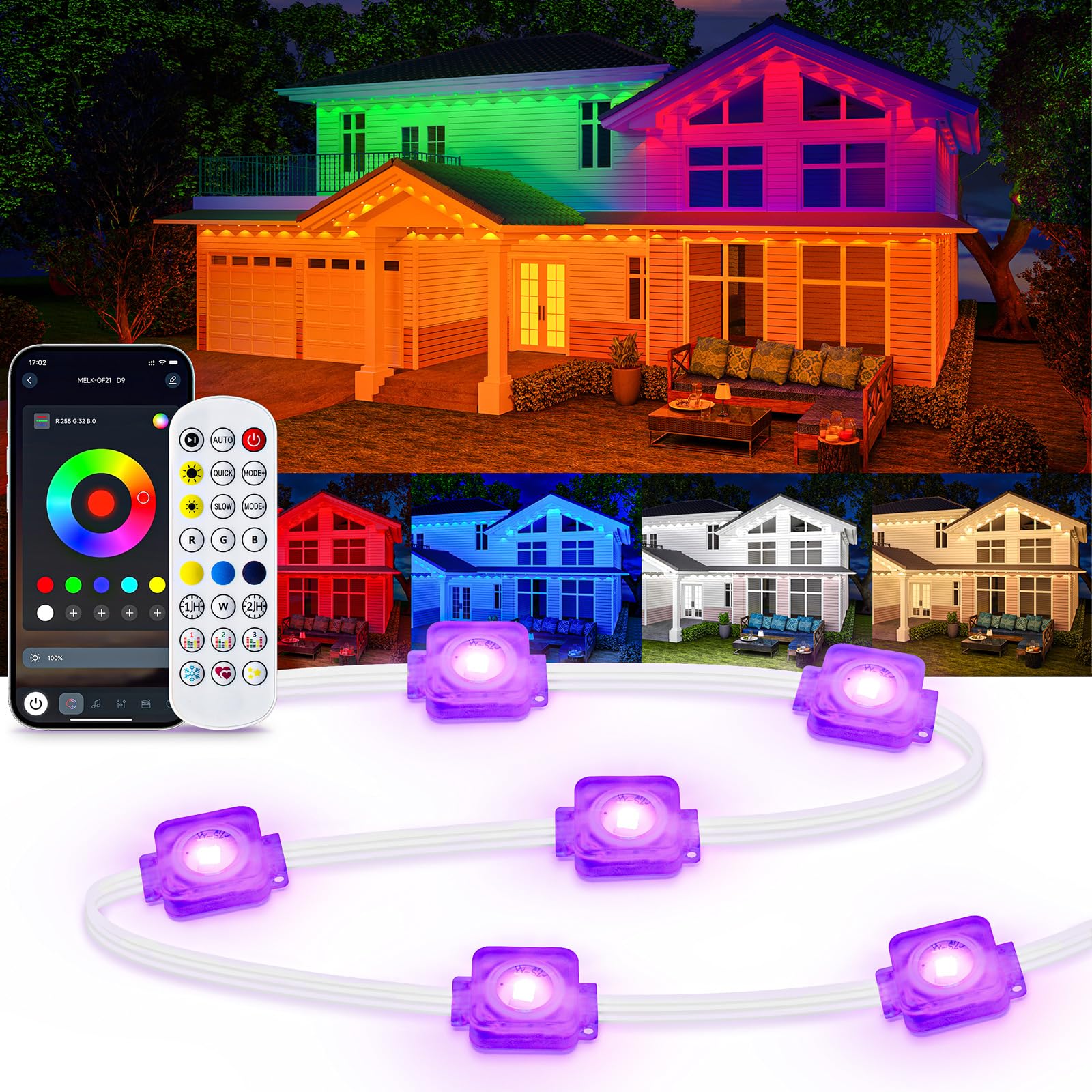  Permanent 200ft Outdoor RGB Eaves Lights with App & Remote Control, Waterproof Multicolor String Light for New Year Cel