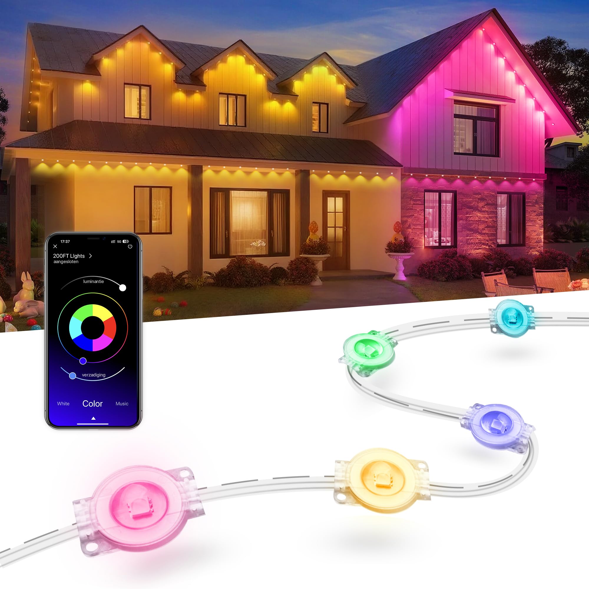  Nexillumi Permanent Outdoor Lights for House with 16 Million DIY Colors
| 100ft Smart RGB LED Outdoor Lights IP67 Water